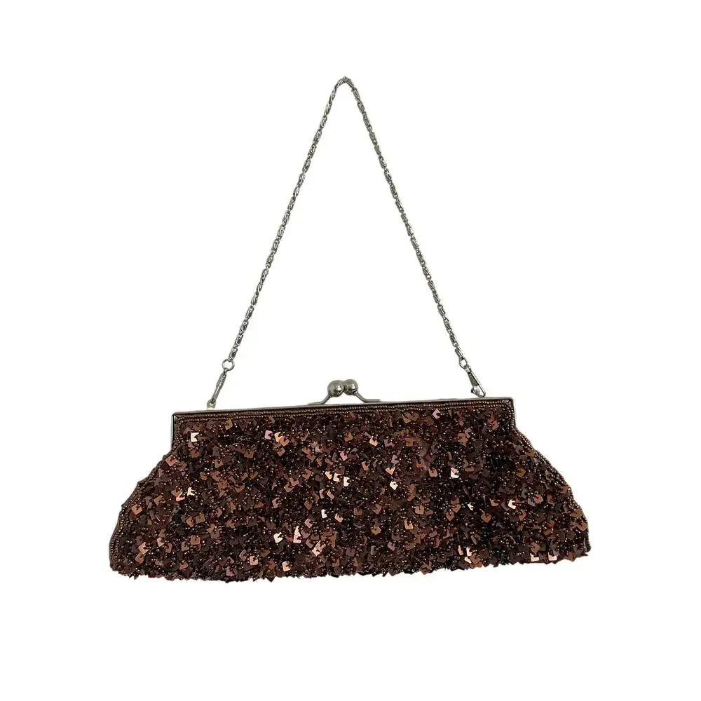 Vintage Brown Bronze Sequin Beaded Clutch Bag Brown Metallic Evening Purse